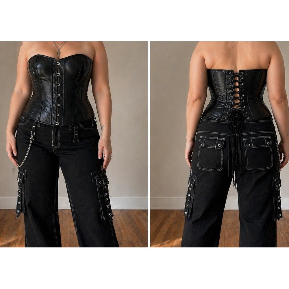 Black Goth Corset Top XL Faux Leather Boned Bustier‎ Lace Up Punk Indie Sleaze